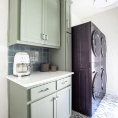 Transitional Laundry Room With Green Cabinets