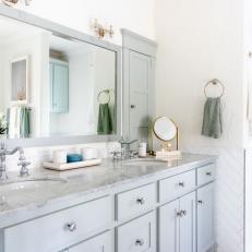 Gray and White Transitional Bathroom With Tray