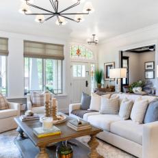 White Transitional Living Room With Stained Glass Windows