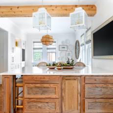 White Transitional Open Plan Kitchen With Beam