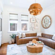 White Transitional Sitting Room With Leather Sectional