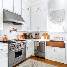 White Transitional Chef Kitchen With Copper Sink