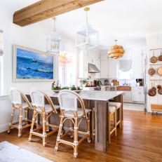 Neutral Transitional Open Plan Kitchen With Wicker Stools