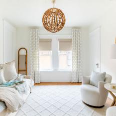 White Transitional Sitting Room With Woven Pendant