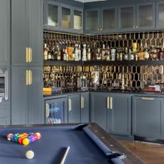 Gray and Gold Contemporary Bar With Blue Pool Table