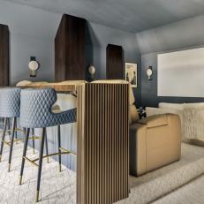 Gray Contemporary Home Theater With Quilted Stools