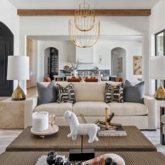 Neutral Contemporary Living Room With Wood Slat Tables