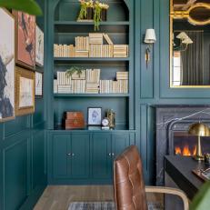 Blue Contemporary Home Office With Arched Bookshelf