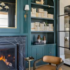 Blue Contemporary Home Office With Marble Fireplace