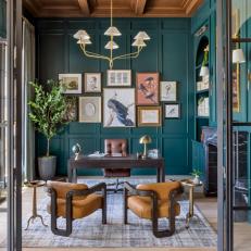 Blue Contemporary Home Office With Glass Doors