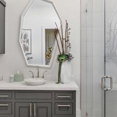 White Contemporary Bathroom With Geometric Mirror
