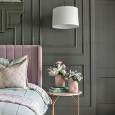 Gray Contemporary Bedroom With Pink Headboard