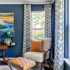 Blue Transitional Sitting Room With Tan Pillow