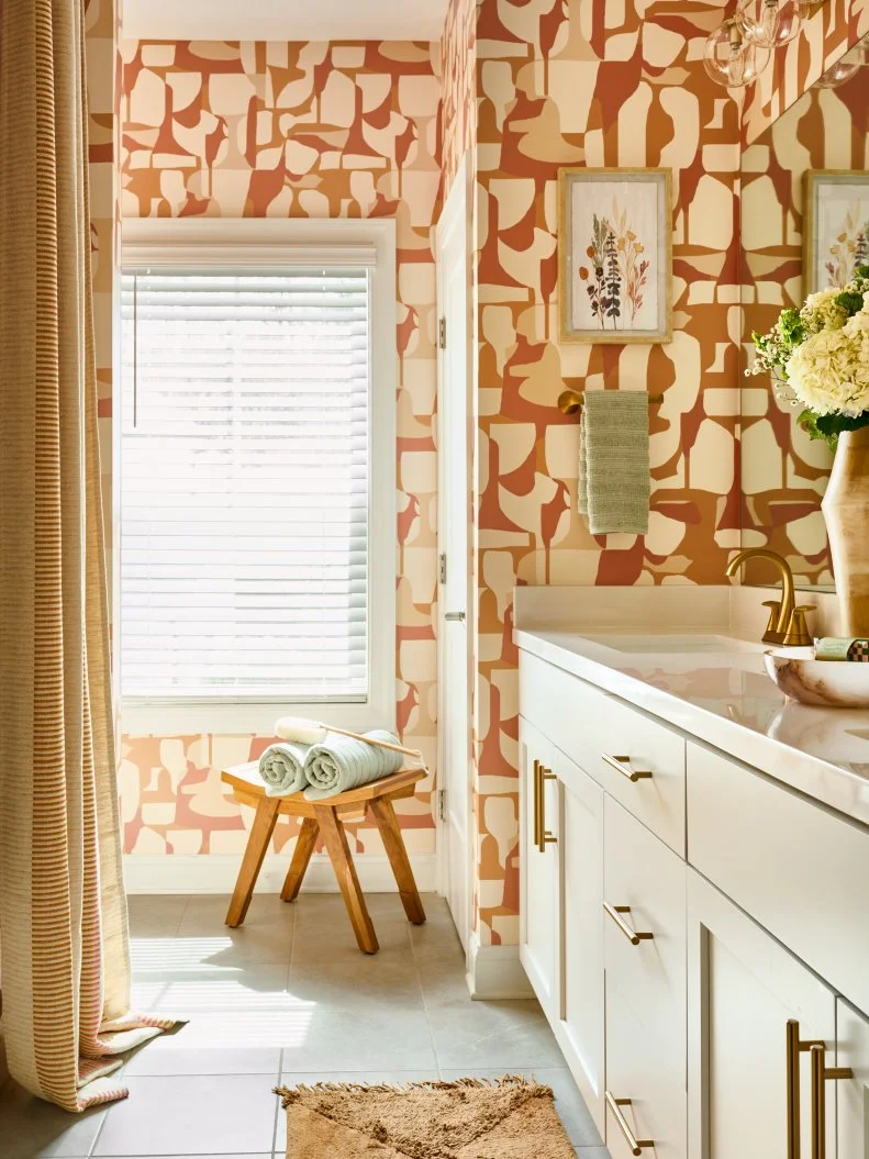Kid's Bathroom With Abstract, Terracotta Wallpaper