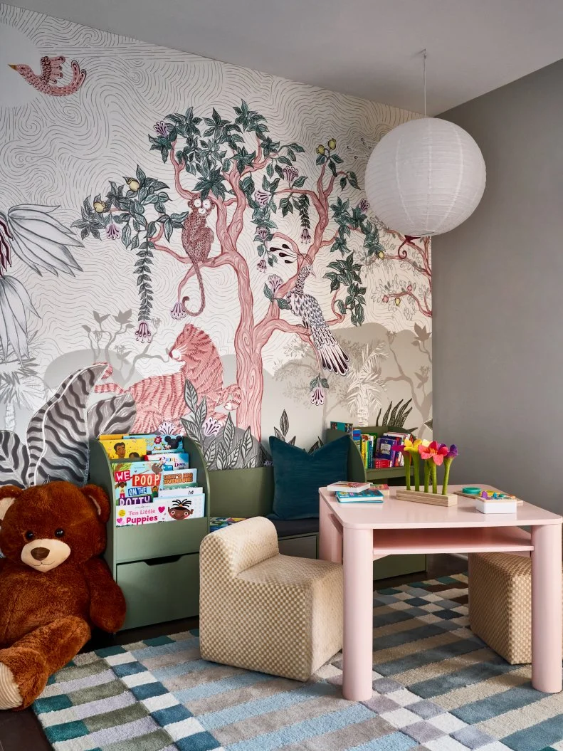 Gray Playroom With Jungle-Print Wallpaper and a Modern Rug