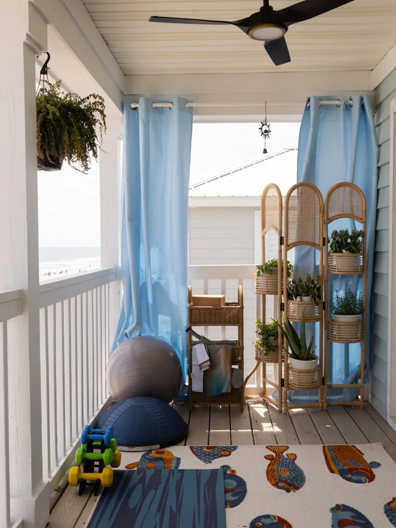 After of Team Mika Kleinschmidt’s upstairs deck renovation with a workout and lounge area, as seen on Battle on the Beach, Season 5.