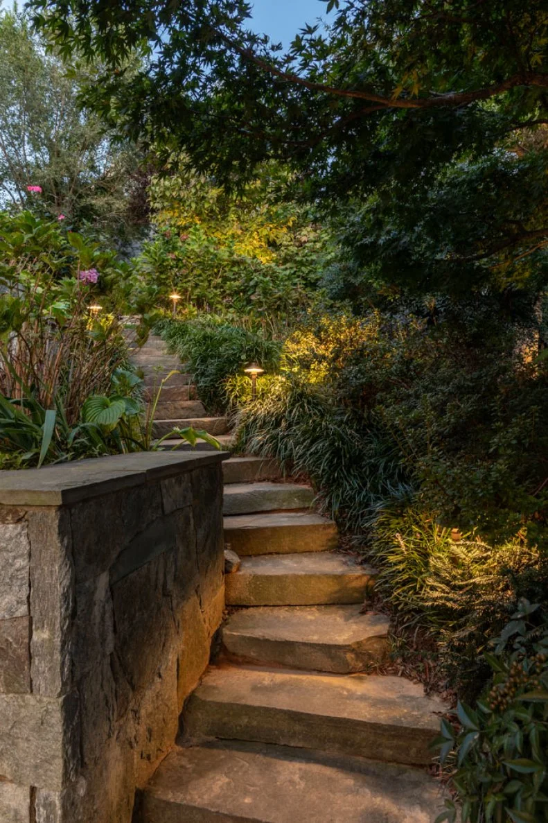 Stone steps lined with path lights, curving uphill through lush plantings and shrubs at dusk.