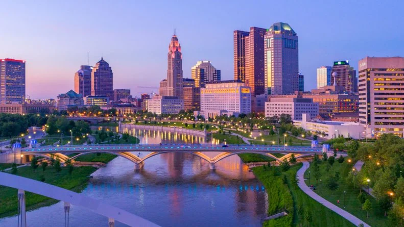 An aerial view of downtown Columbus, Ohio, at dusk