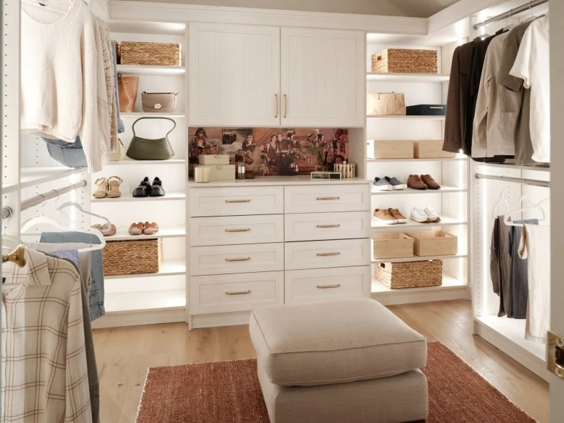 After shot of completed closet in main bedroom as seen on Totally 90s House, Season 1.