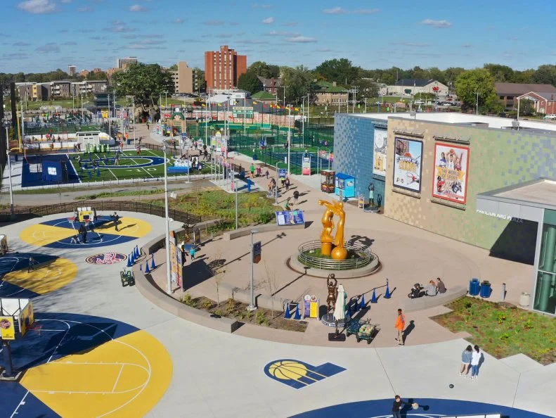 An aerial view of the play area and exterior of Children's Museum of Indianapolis