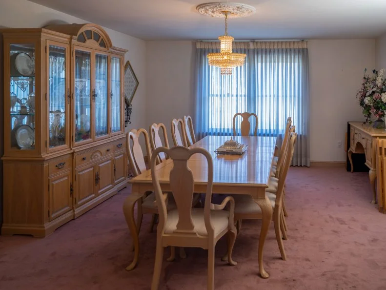 wide angle shot of dining room as seen on Totally 90s House, Season 1.