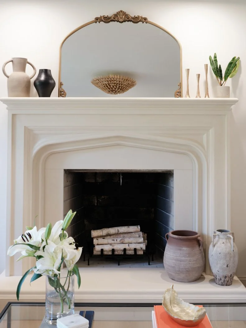 Sun room fire place as seen on Totally 90s House, Season 1.