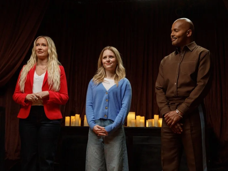Contenstants Stokes Kennedy, Logan Wright, Diana Vogel, and John Ryan hear feedback and the decisions from host Anna Camp, and judges Michel Smith-Boyd and Lulu Wilson, as seen on A Very Haunted Renovation, Season 1