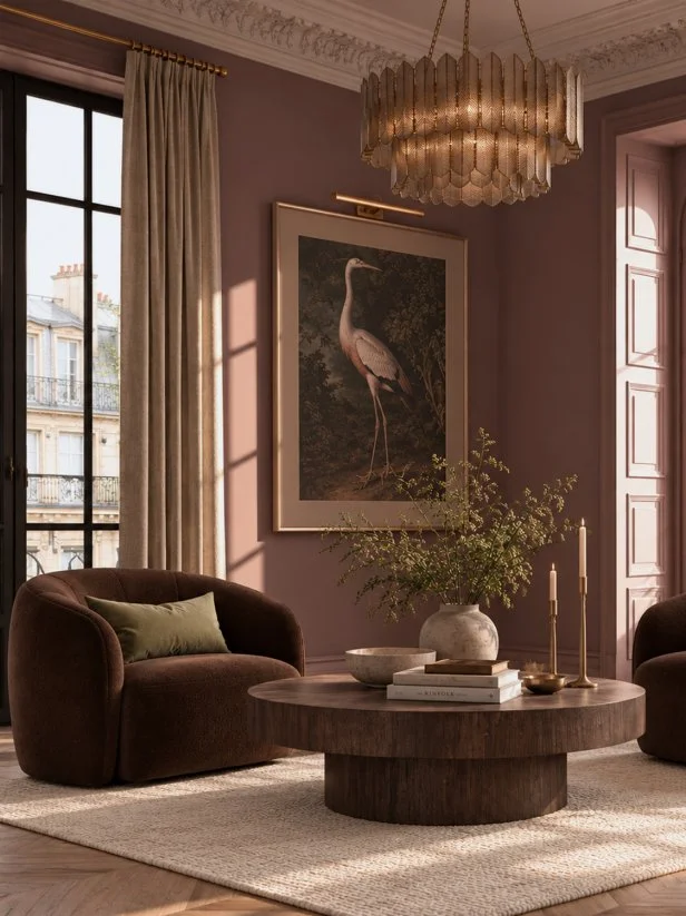 Vintage-Inspired Mauve-Brown Living Room With Velvet Chair