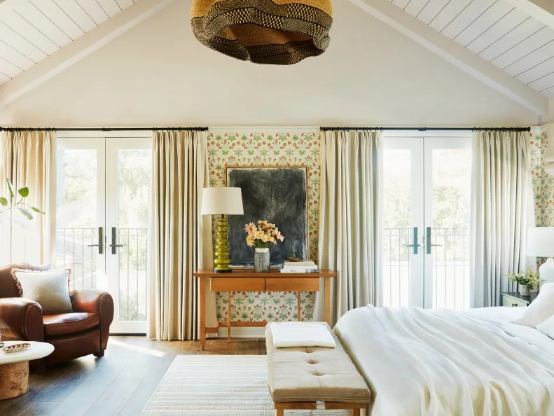 Modern Farmhouse Bedroom With Vaulted Paneled Ceiling and Wallpaper