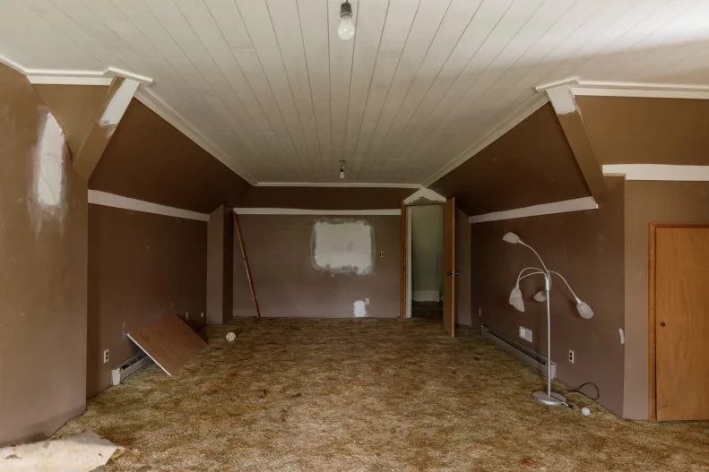 Before of the Bihl Manor attic speakeasy, as seen on A Very Haunted Renovation, Season 1.