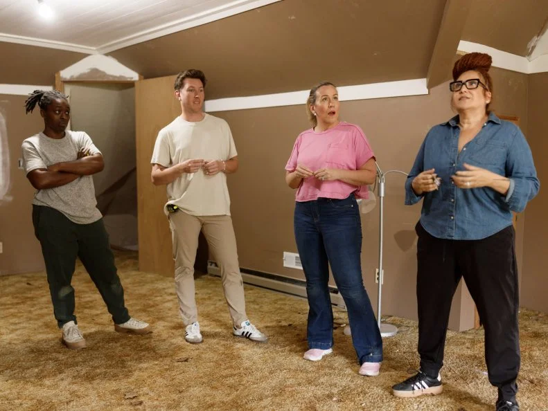 Contenstants Stokes Kennedy, Logan Wright, Diana Vogel, and John Ryan demo the attic and discover some history, as seen on A Very Haunted Renovation, Season 1