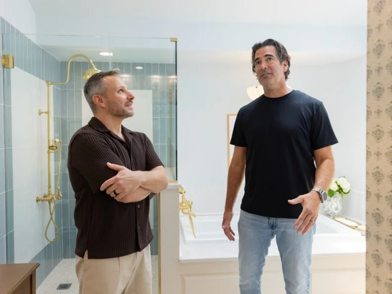 Mentor Carter Oosterhouse and Guest Judge Drew Lachey review the Primary Bathroom for judging, as seen on Totally 90s House, Season 1