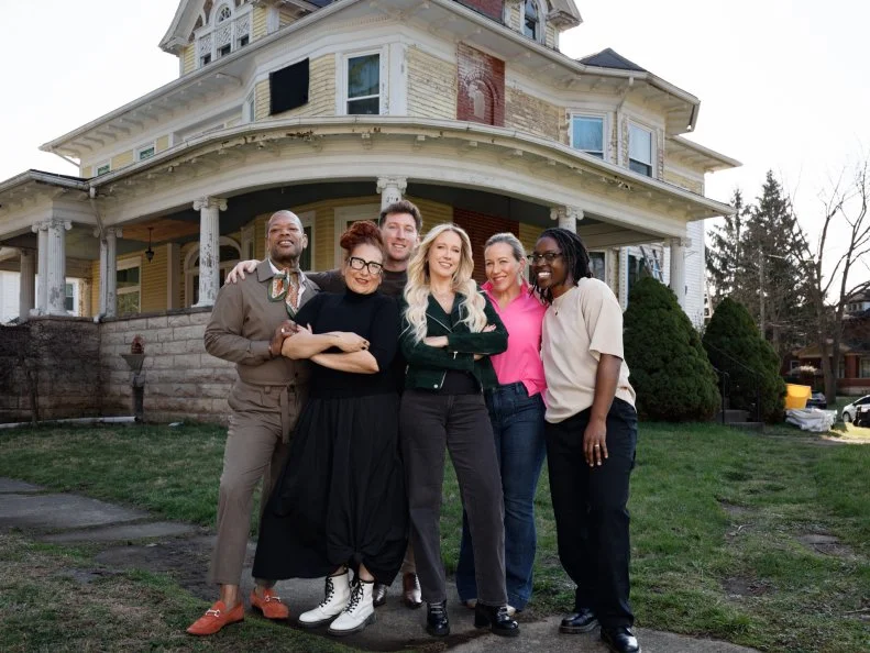 Portraits of contestants Stokes Kennedy, Patrick Peel, Logan Wright, JOhn Ryan, Diana Vogel and host Anna Camp, as seen on A Very Haunted Renovation, Season 1.