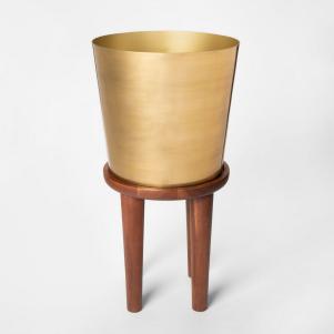 Tall Wood and Brass Plant Stand