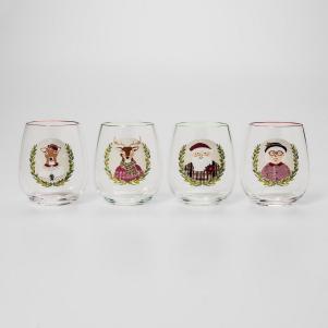 Set of 4 Holiday Icons Stemless Wine Glasses