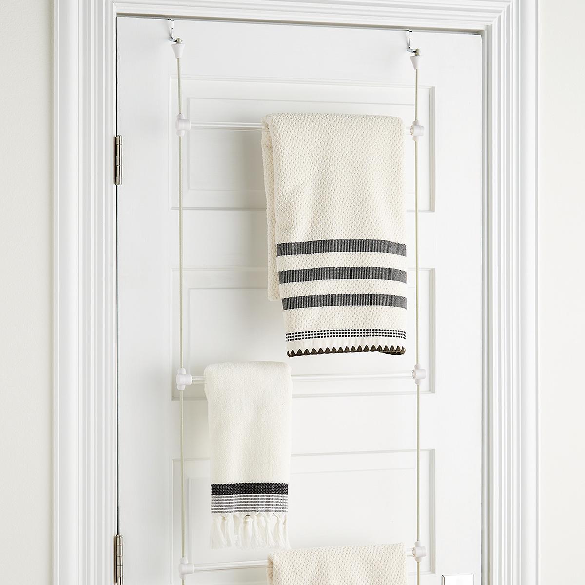 Bathroom Door Organizer for Hanging Coats Keys Hats White Over The Door Hook with 2 Baskets Towel Rack Over The Door