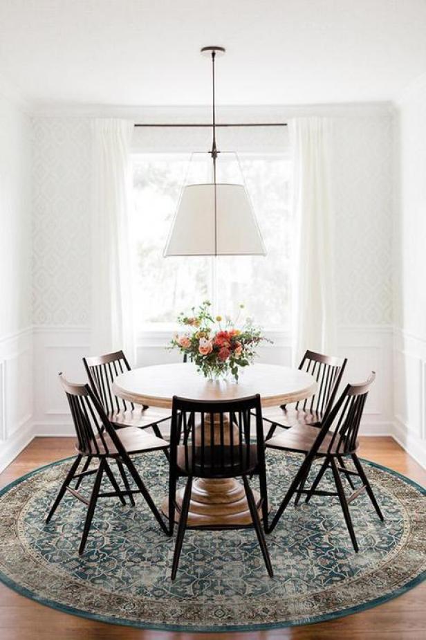 30 Rugs That Showcase Their Power Under the Dining Table  Rug under  kitchen table, Kitchen carpet, Black dining room table