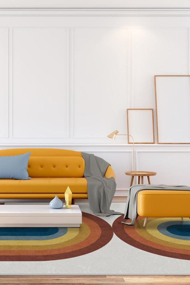 Modern mid Century room interior , Yellow sofa on white room,3d rendering