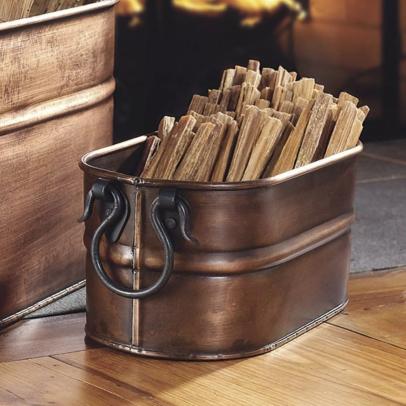 Indoor firewood box with lid outlet
