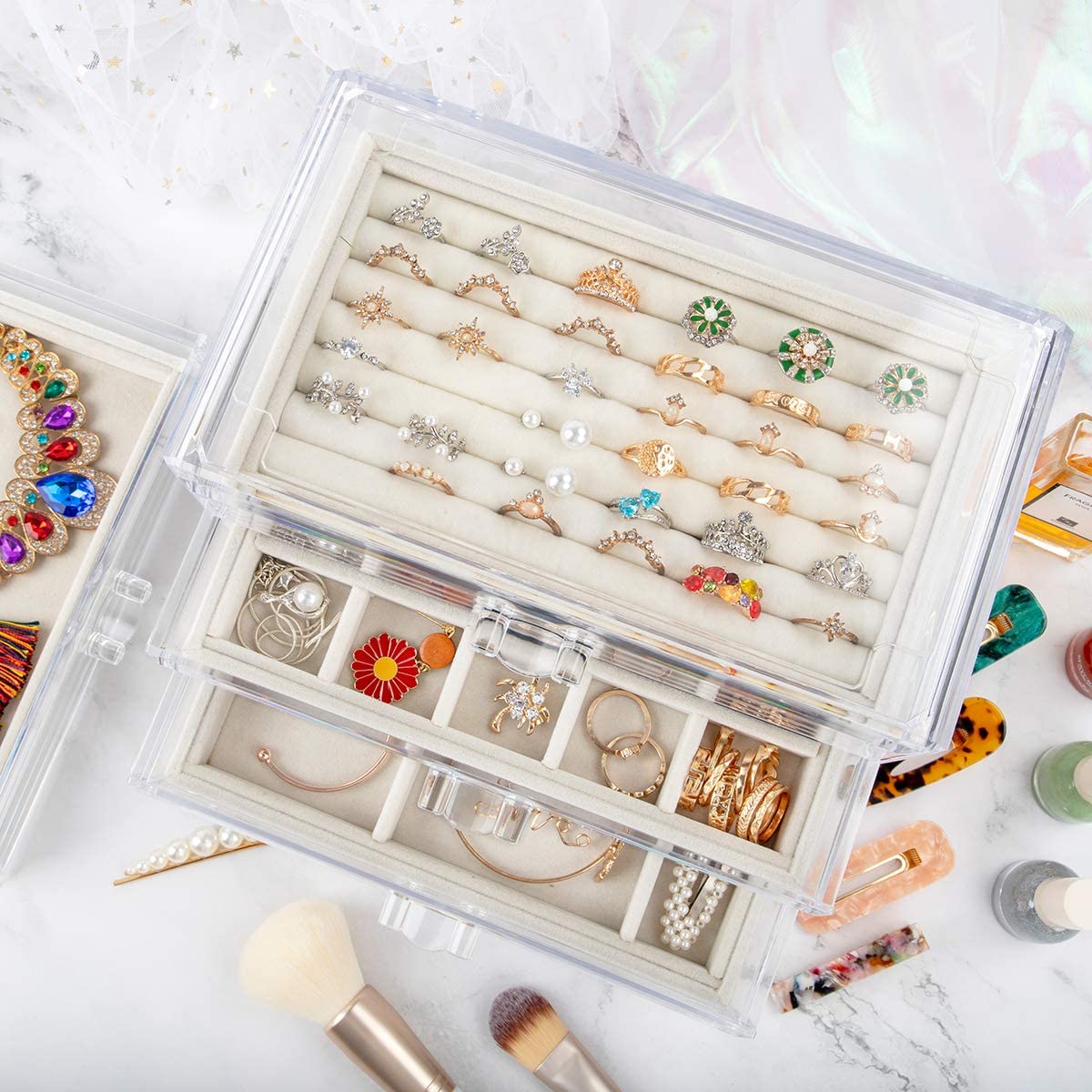 Clear Crystal Jewelry Box Organizer Earrings Brooch Storage Display Case 