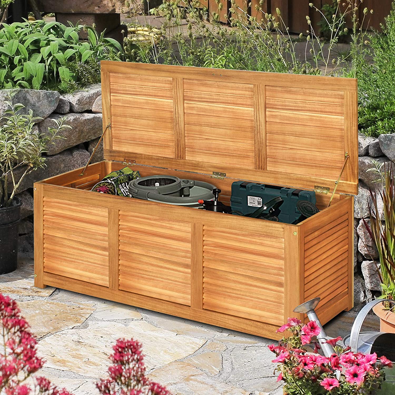 Outdoor Wood Storage Cushion Box Deck Patio Garden Bin Seating Bench Waterproof 