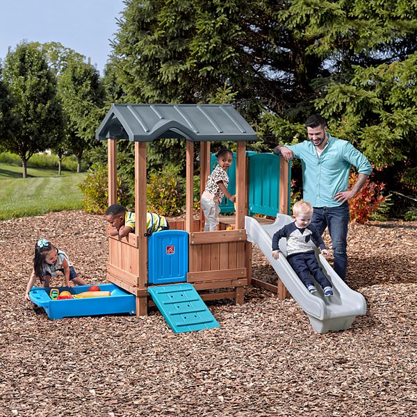 childrens outdoor playsets with sandbox and round slide