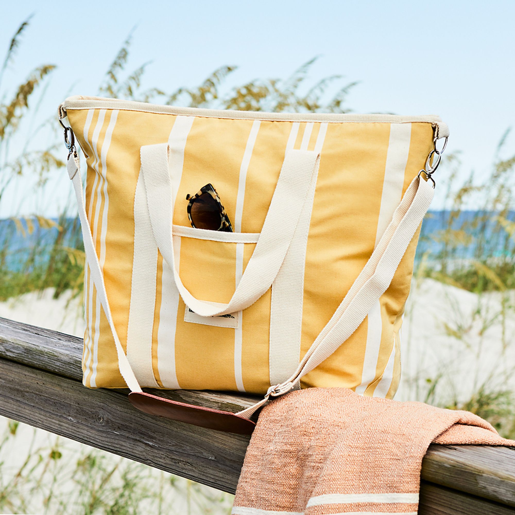 Ladies Nautical Beach Bag Shoulder Canvas Summer Tote Holiday Shopper Gold Zip 