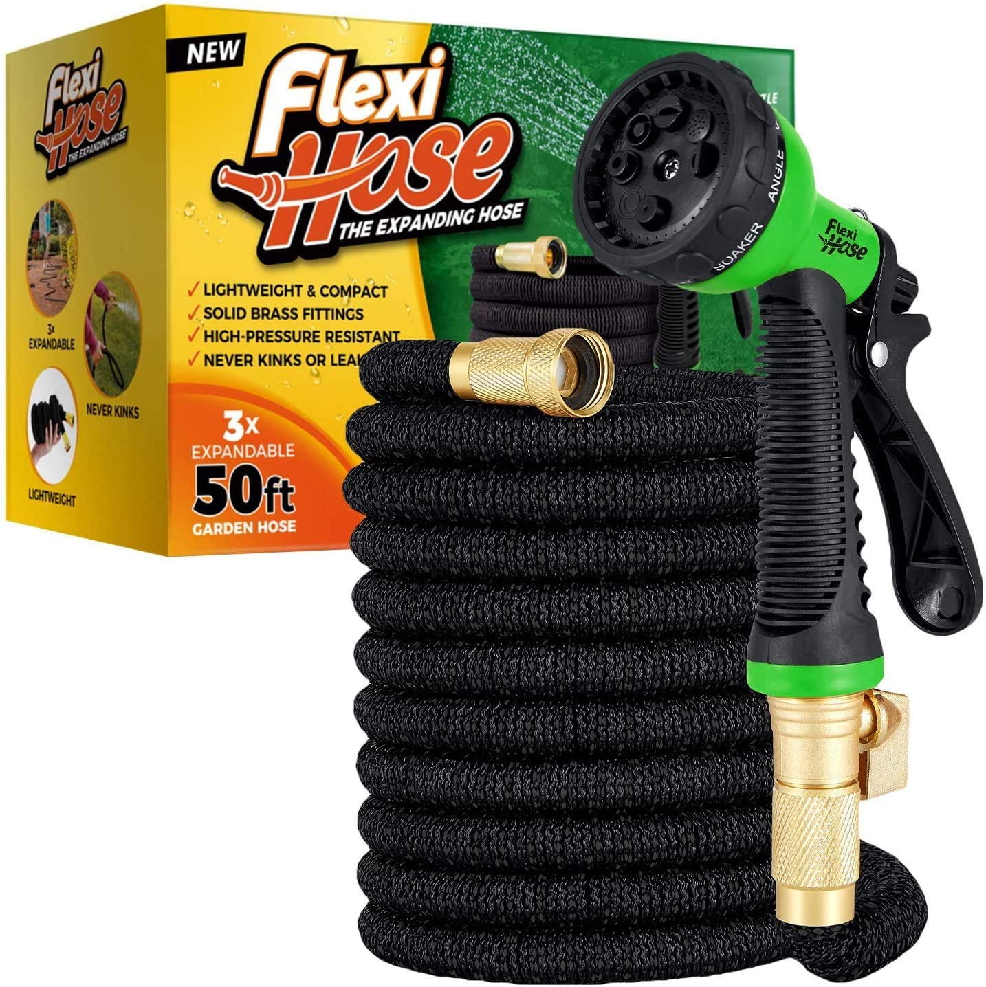 Handsome 50ft Expandable Garden Hose Water Hose with Solid Brass Fittings 