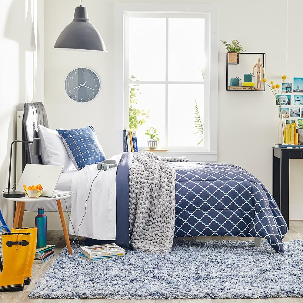 Boys Full Size Comforter Set Reversible Teen College Dorm Room Blue Yellow Gray 