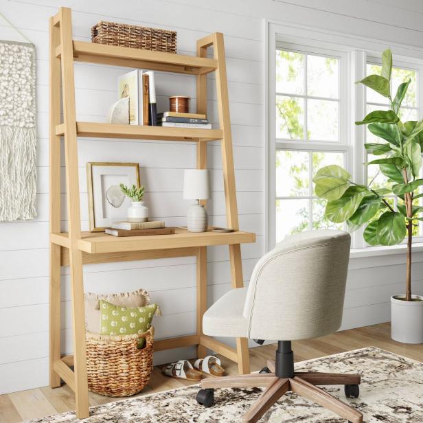 Stylish Desks For Small Spaces Under, Threshold Carson Narrow Bookcase White Oak Finish