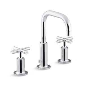 Purist Widespread bathroom sink faucet with low cross handles and low gooseneck spout