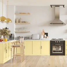 Modern kitchen interior with furniture.Stylish kitchen interior with white wall.3D Rendering