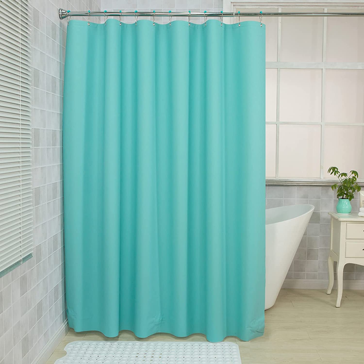 Waterline Polyester Bathroom Plain Shower Curtain Fabric Waterproof 12 Hooks Set 