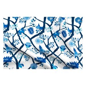 Smaller Scale Peony Branch Mural Fabric in Blues